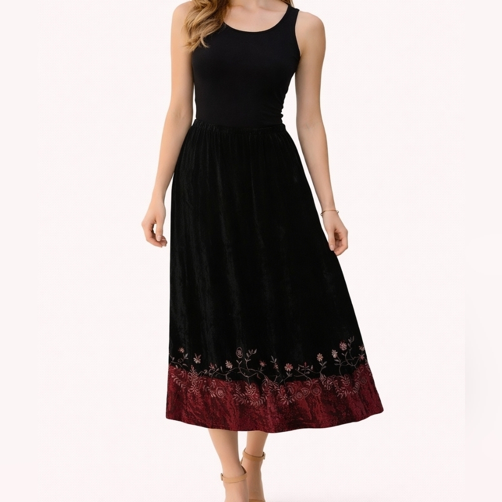 Vtg 1990s WHITE STAG Black Velvet Embroidered Goth Gasparilla Maxi Skirt
